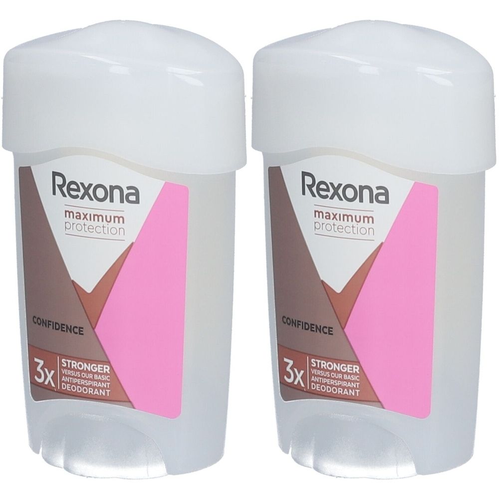 Twee witte deodorantsticks met witte deksels. Op de voorkant staat 'Rexona maximum protection' en een roze sticker.