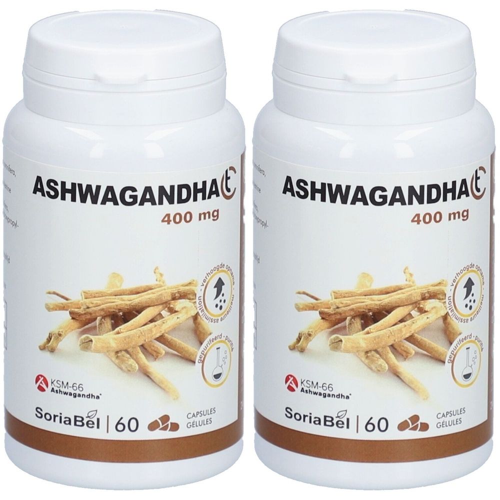 Deux flacons blancs avec Ashwagandha 400 mg. SoriaBel, 60 gélules. Représentation de racines d'Ashwagandha.