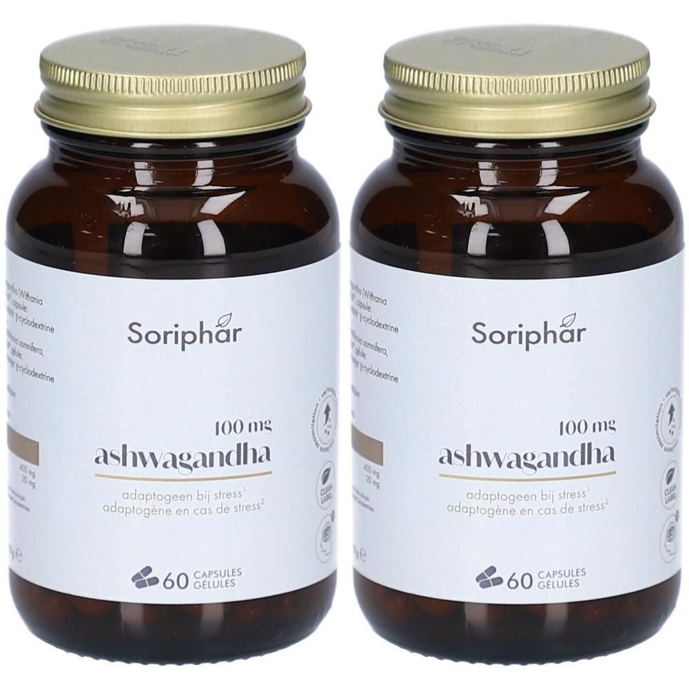 Deux flacons blancs. Inscription: Ashwagandha 400 mg. SoriaBel, 60 gélules. Logo KSM-66.