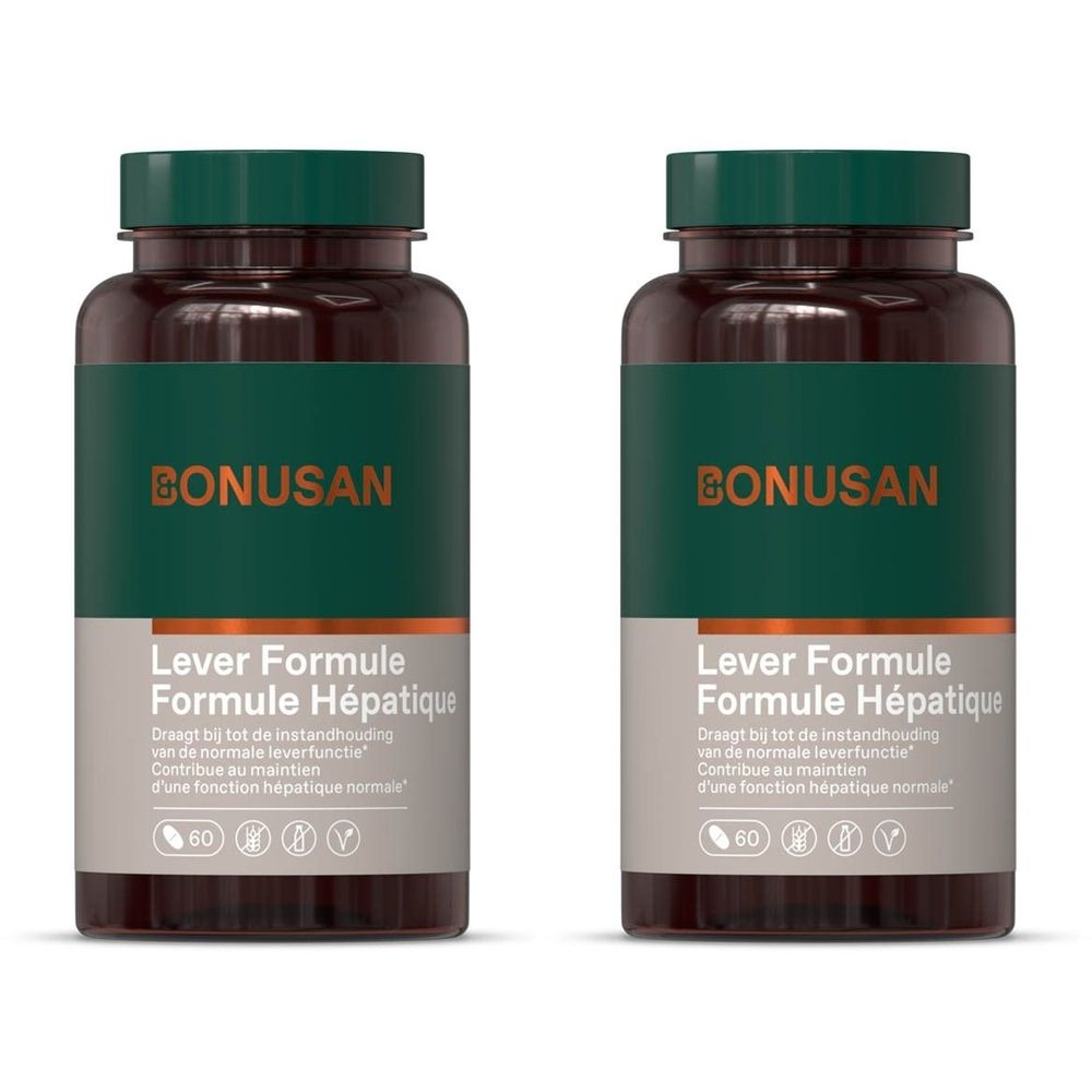 Twee bruine flessen met groene etiketten. Opschrift: BONUSAN, Leber Formule Hépatique. Bevat 60 capsules.