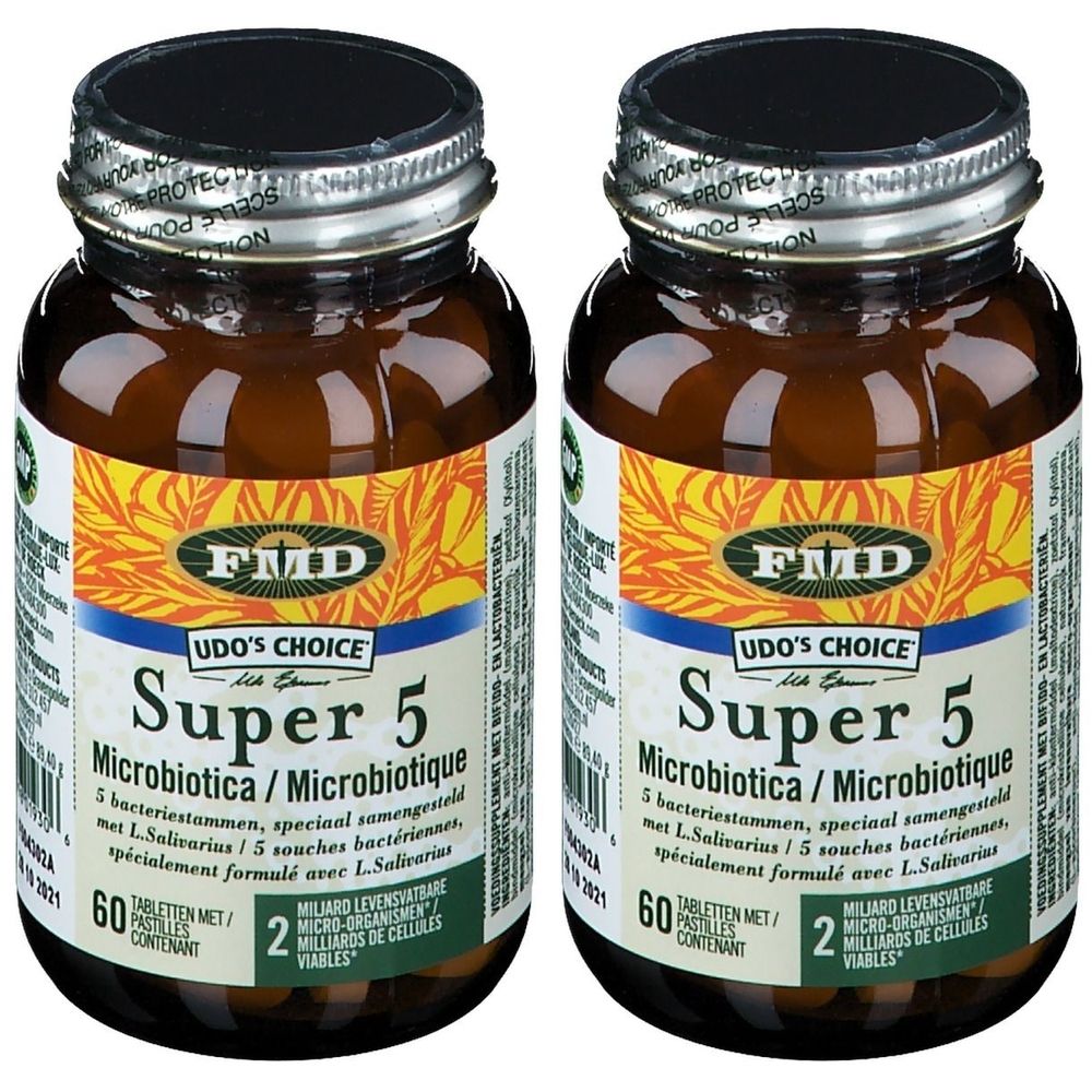 Deux flacons de Udo's Choice Super 5 Probiotica. Flacons en verre brun avec couvercles argentés et étiquettes d'informations.