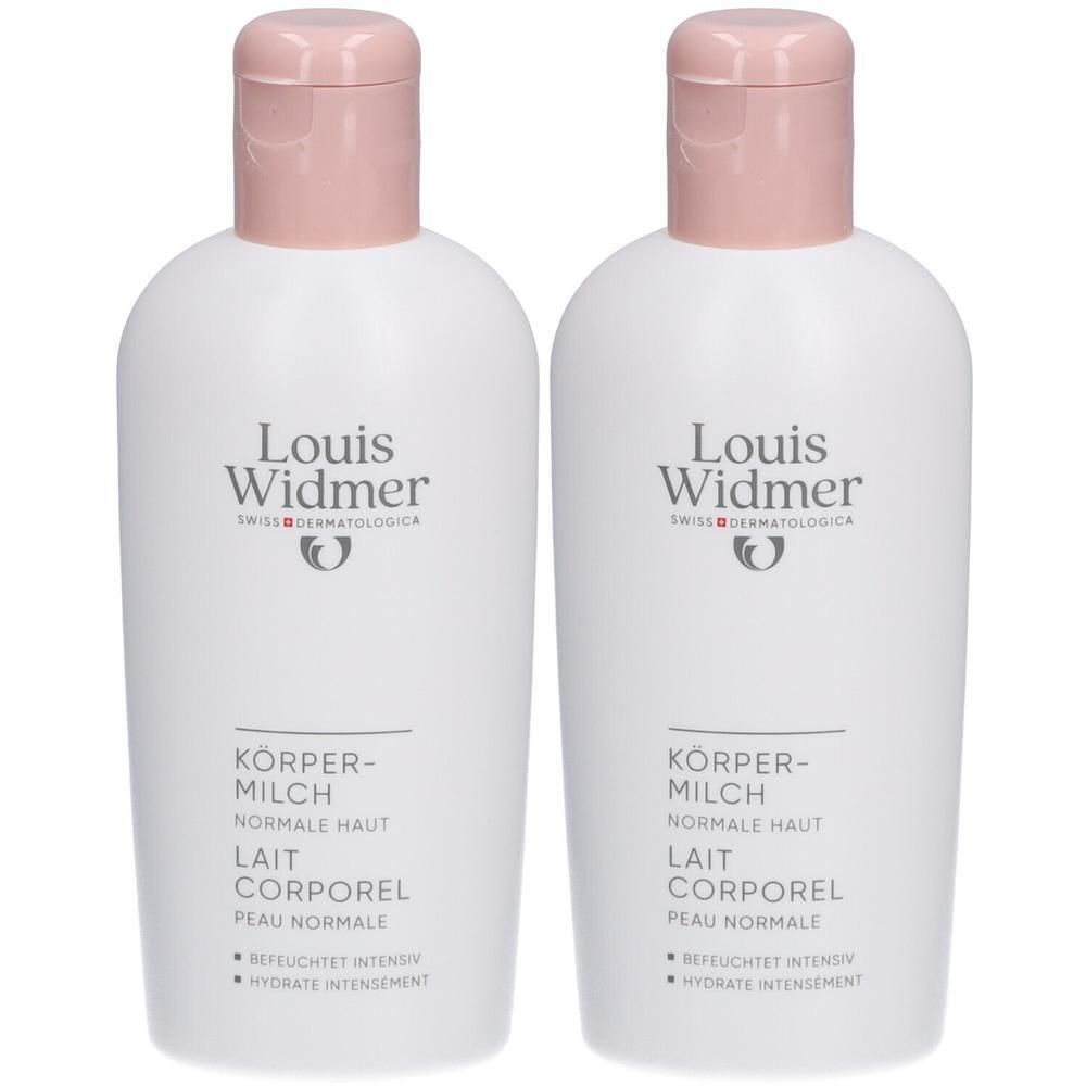 Twee flessen Louis Widmer Lait Corporel, wit met roze dop. Opschrift: KÖRPER-MILCH, LAIT CORPOREL.