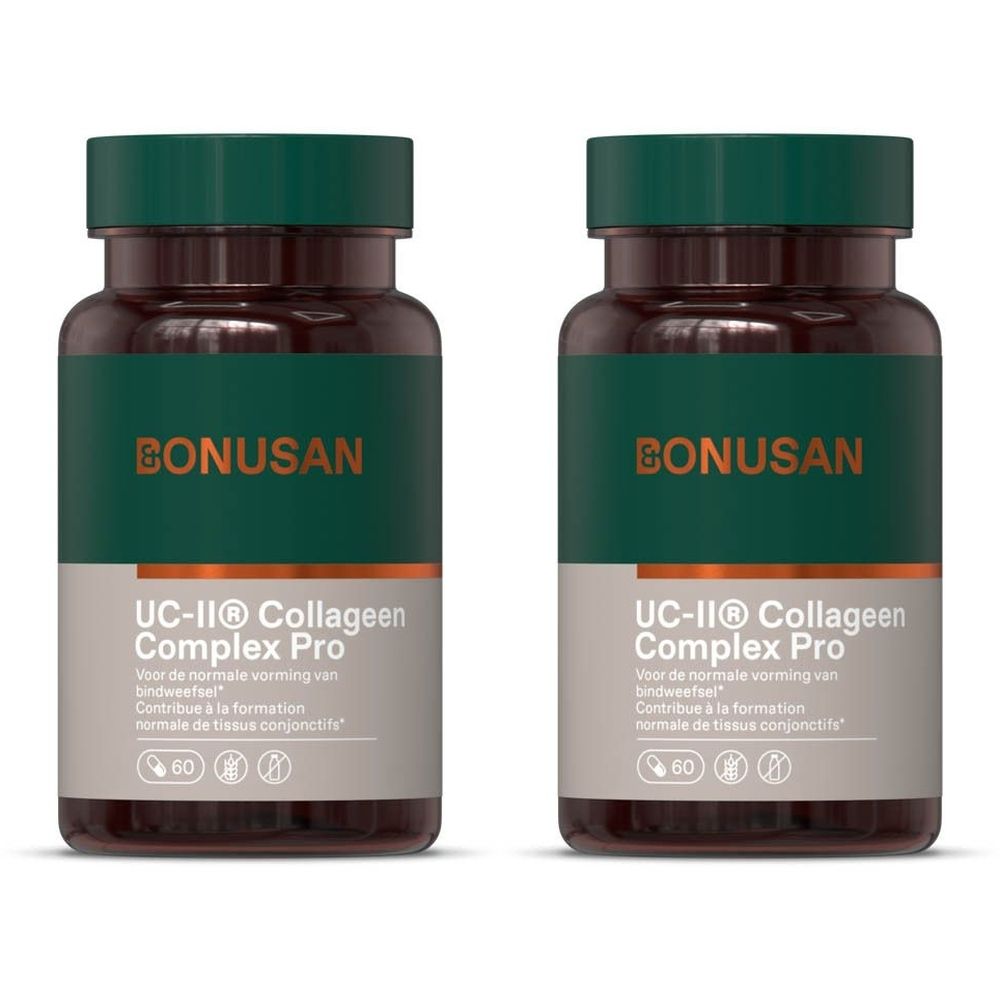 Twee bruine flessen met groene etiketten. Opschrift: BONUSAN, UC-II® Collageen Complex Pro. Bevat 60 capsules.