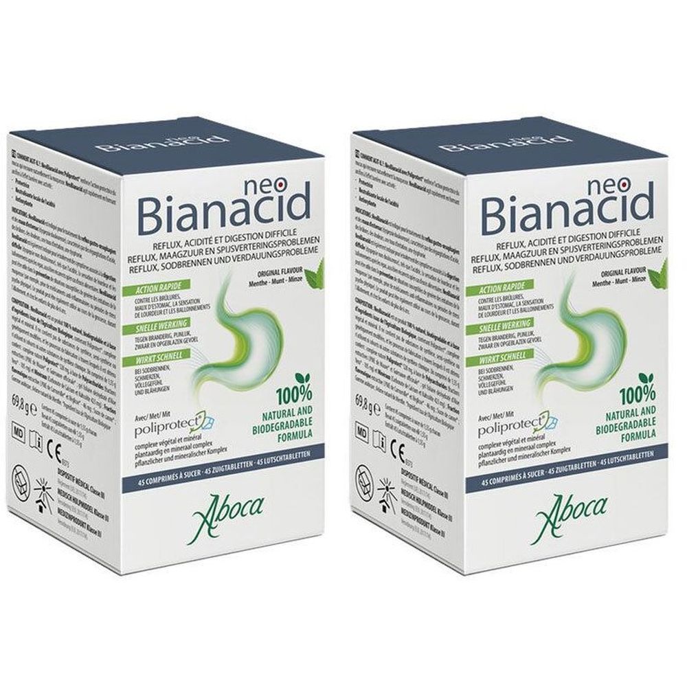 Deux boîtes "neo Bianacid". Inscriptions: Reflux, acidité et digestion difficile. Logo: 100% naturel et biodégradable. Marque Aboca.