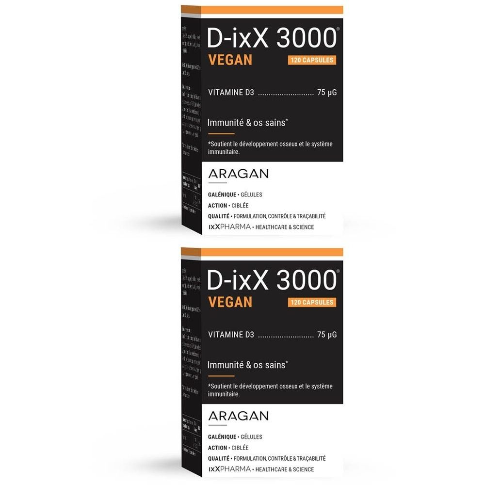 Deux boîtes D-ixX 3000 VEGAN. Emballage noir avec texte blanc. Contient de la vitamine D3. Pour l'immunité et les os sains.