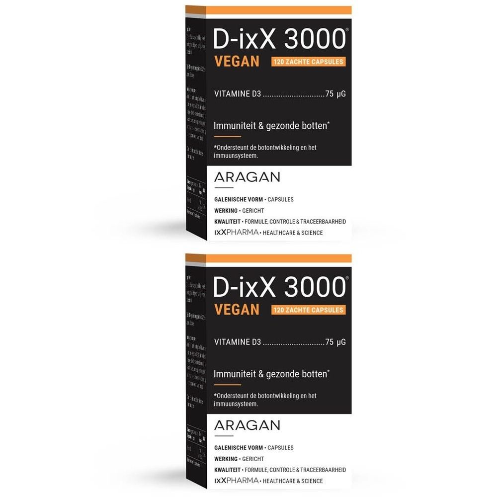 Twee dozen D-ixX 3000 VEGAN. Zwarte verpakking met witte tekst. Bevat vitamine D3. Voor immuunsysteem & gezonde botten.