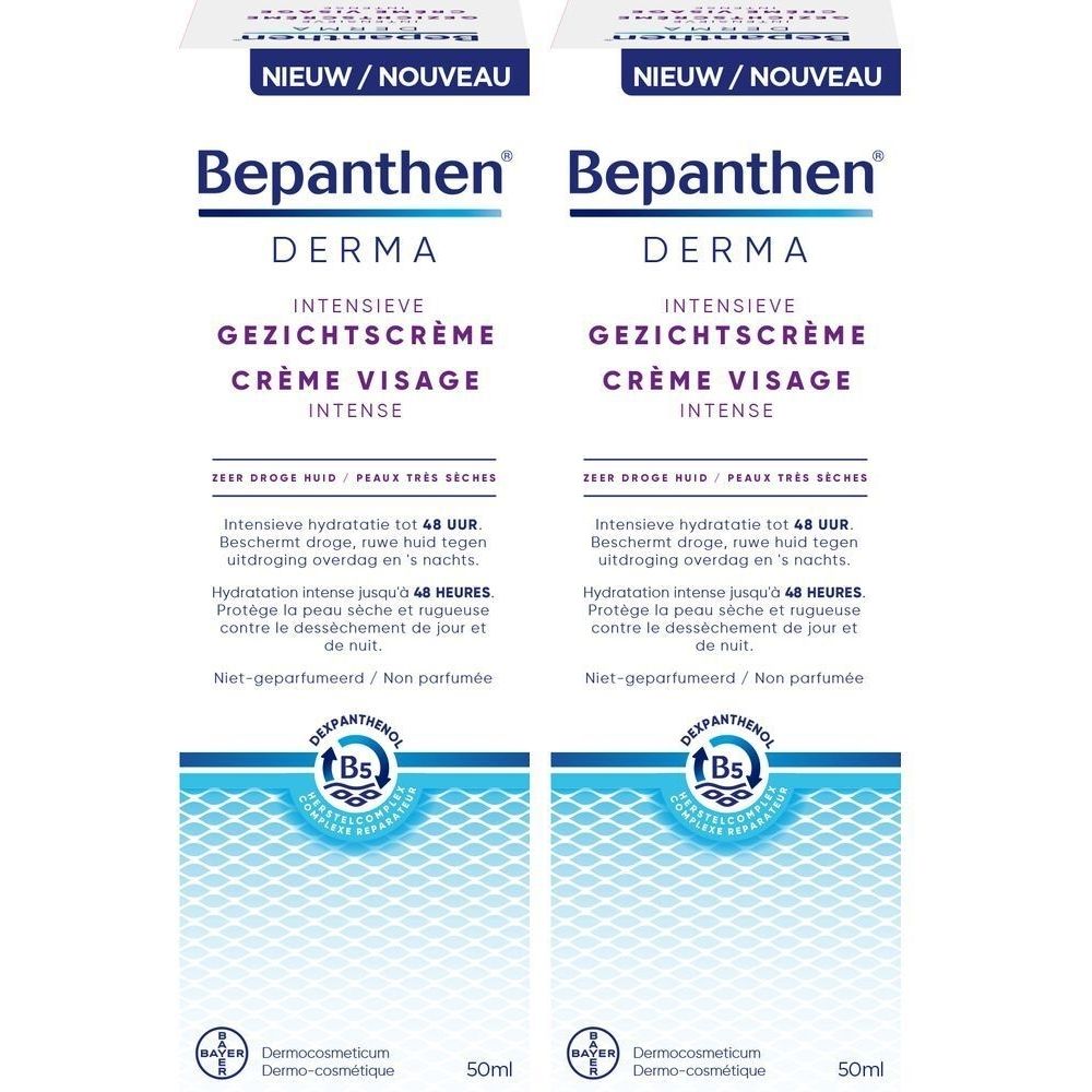 Deux emballages de Bepanthen Derma Crème Visage Intense. Emballage blanc avec texte bleu et violet. Contient 50ml.