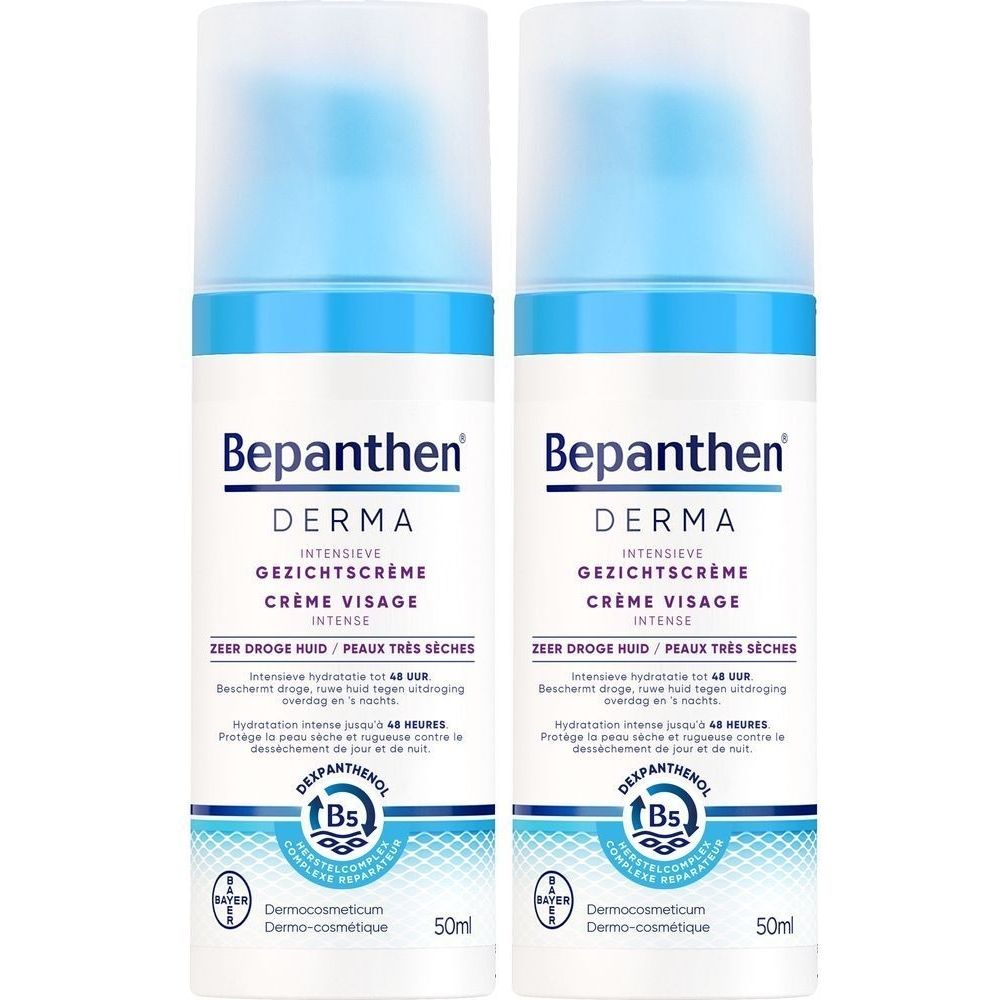 Twee flessen Bepanthen Derma Crème Visage Intense. Witte flessen met blauw en paars etiket. Bevat 50ml.