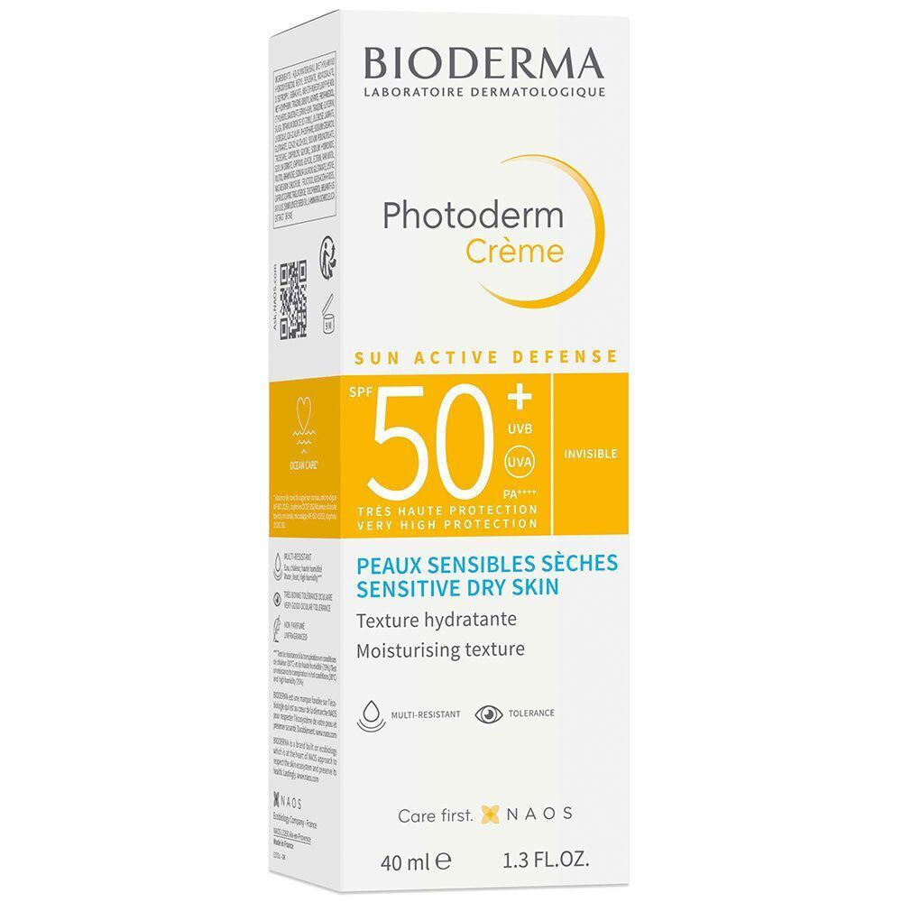 Verpakking BIODERMA Photoderm Crème SPF 50+. Witte doos met gele accenten. Tekst in het Frans.