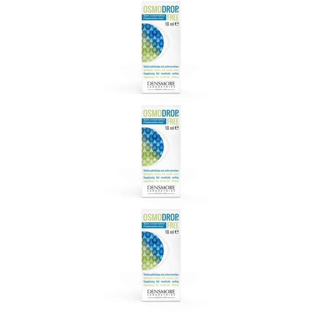 Trois boîtes blanches avec motifs géométriques bleus et verts. Inscription : Osmodrop Free, 10 ml, Densmore Laboratories.