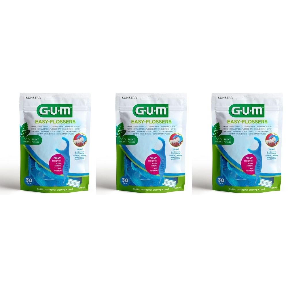 Drie verpakkingen GUM Easy-Flossers. Elke verpakking toont het product, het merk en het aantal van 30 stuks. Muntsmaak.