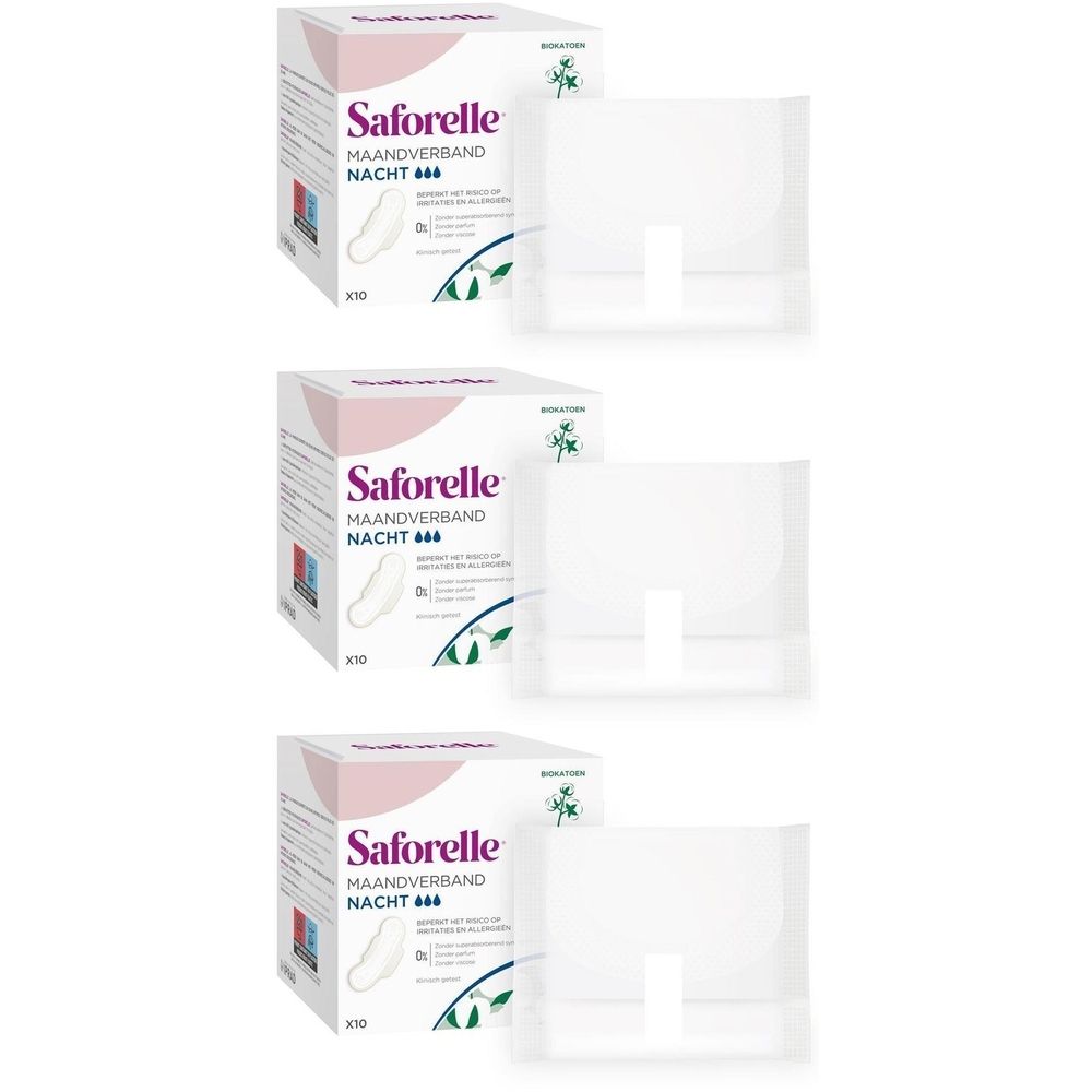 Trois boîtes de serviettes hygiéniques blanches et emballages individuels. Marque Saforelle, mention "Nuit".