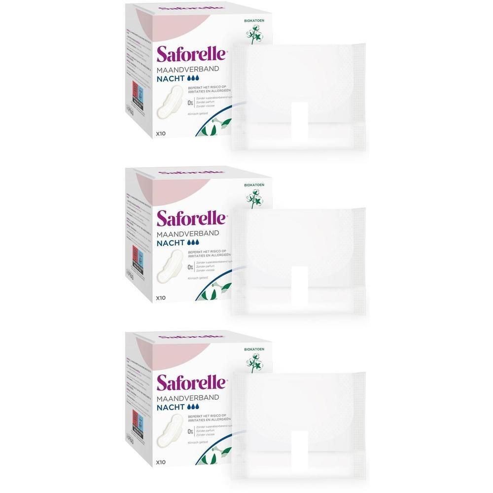 Drie dozen en drie individueel verpakte maandverbanden. Op de dozen staat "Saforelle Nacht". De maandverbanden zijn wit.