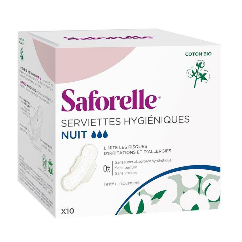 Vierkante verpakking met "Saforelle Serviettes Hygiéniques Nuit". Katoenlogo en productillustratie.