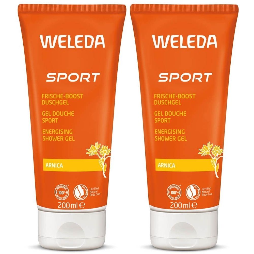 Twee tubes Weleda Sport douchegel. Oranje verpakking met witte dop. Opschrift: Sport, Arnica, 200ml.