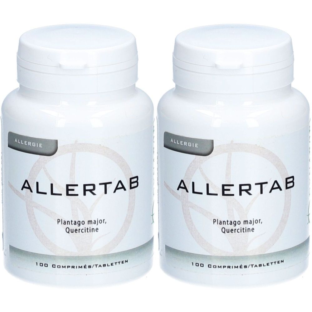 Twee witte pillenpotten met opschrift "ALLERTAB". Opschrift "Allergie" en ingrediënten. 100 tabletten.