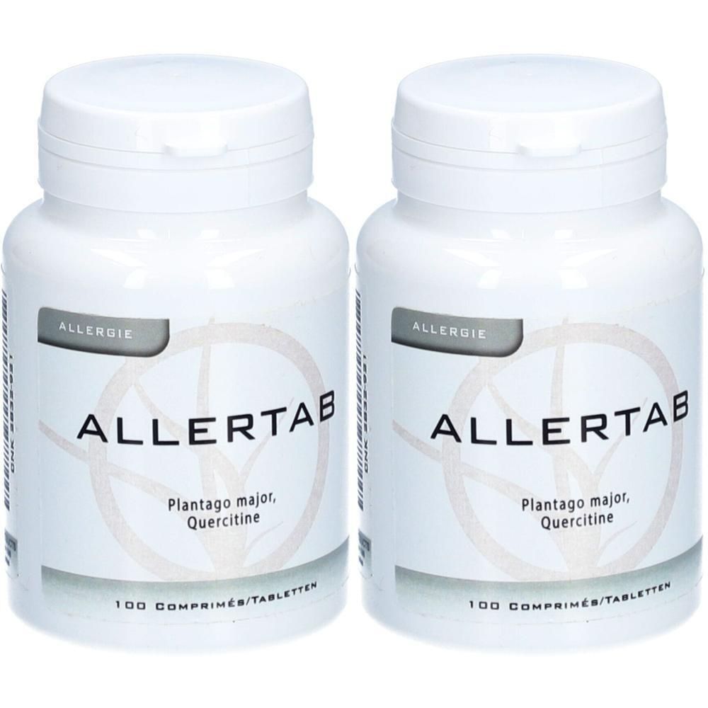 Twee witte flessen ALLERTAB. Opschrift: Plantago major, Quercitine. 100 comprimés/tabletten. Grijs label met ALLERGIE.