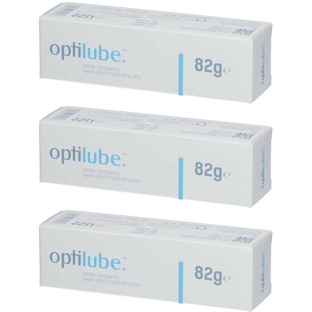 Drie witte dozen met "optilube." en "82g".