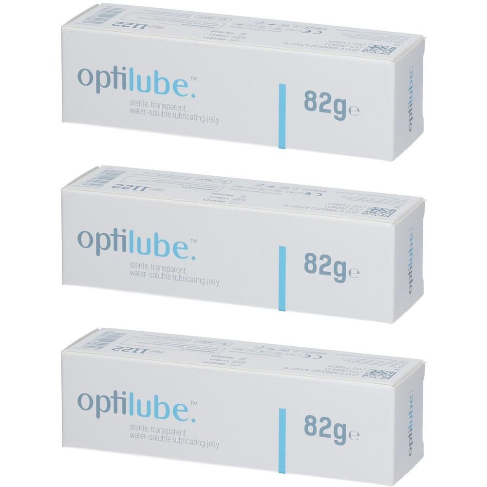 Trois boîtes blanches "optilube.", avec indication "82g" et une ligne bleue.