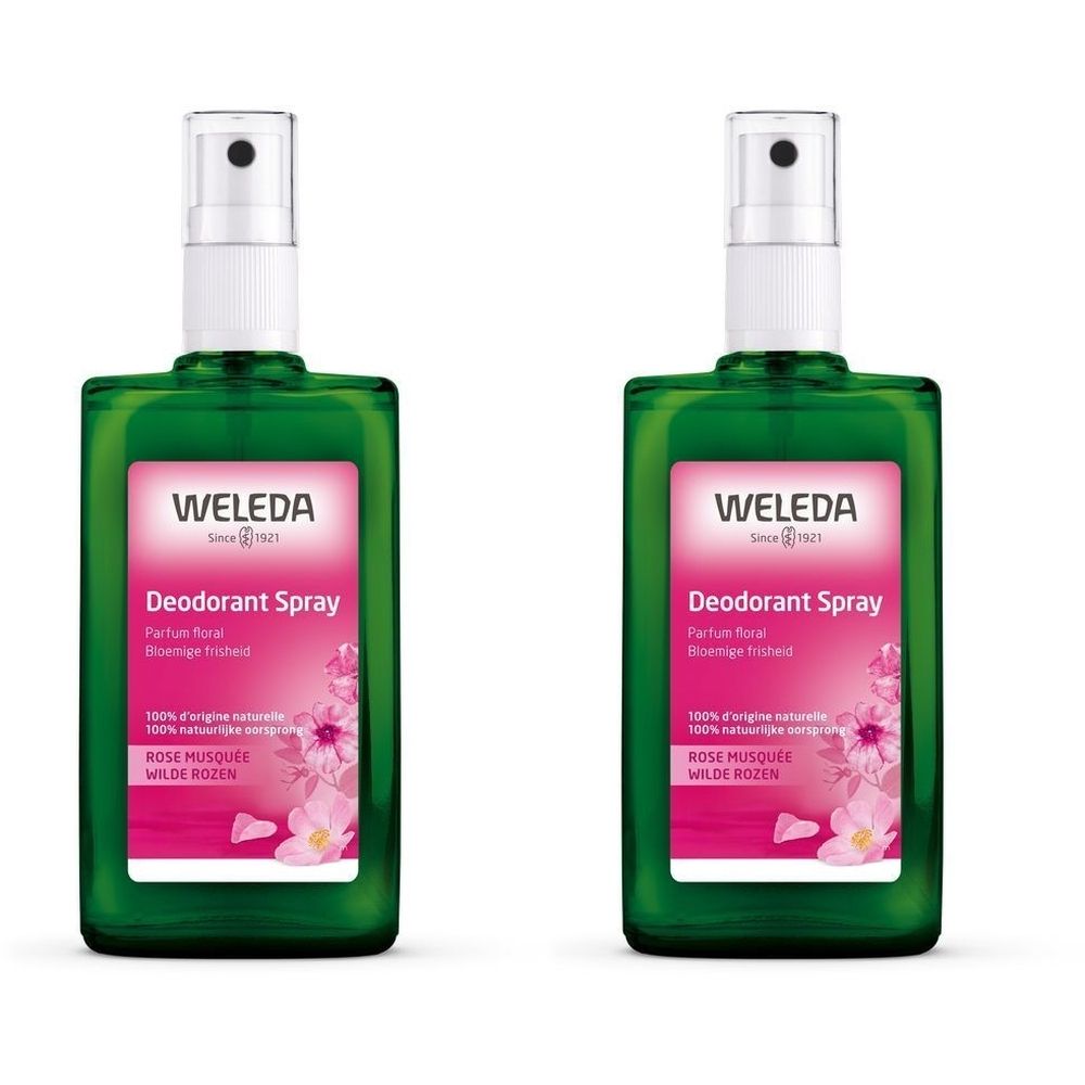 Deux flacons pulvérisateurs verts avec vaporisateur blanc. L'étiquette indique "WELEDA Deodorant Spray".