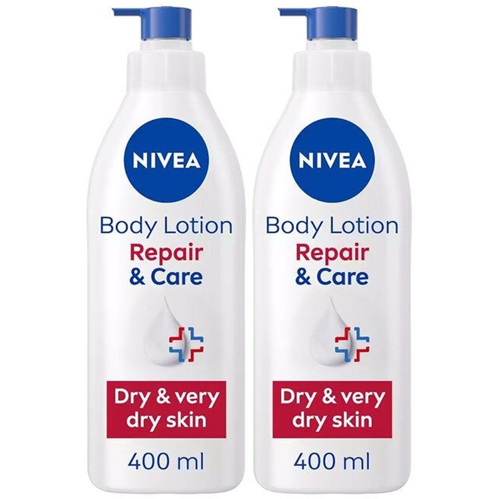 Twee witte flessen met blauwe pompknoppen. Op elke fles staat "NIVEA Body Lotion Repair & Care" en "Dry & very dry skin".