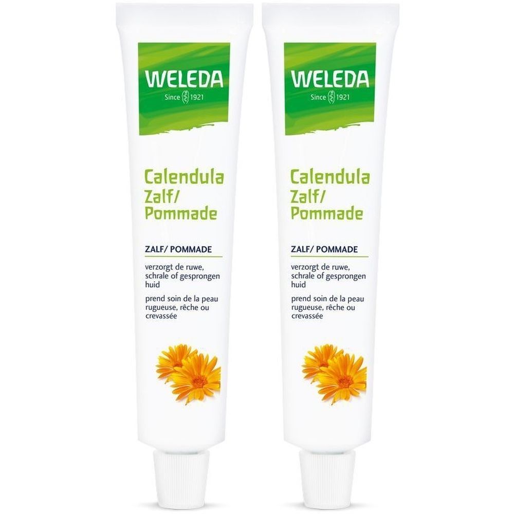 Twee tubes met witte achtergrond. Op elke tube staat "WELEDA" en "Calendula Zalf/Pommade".