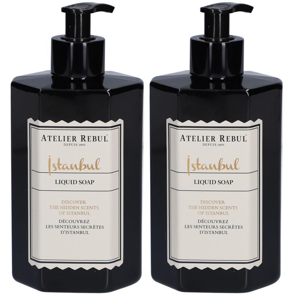 Twee zwarte zeepdispensers met pomp. Het etiket toont "Atelier Rebul Istanbul Liquid Soap".