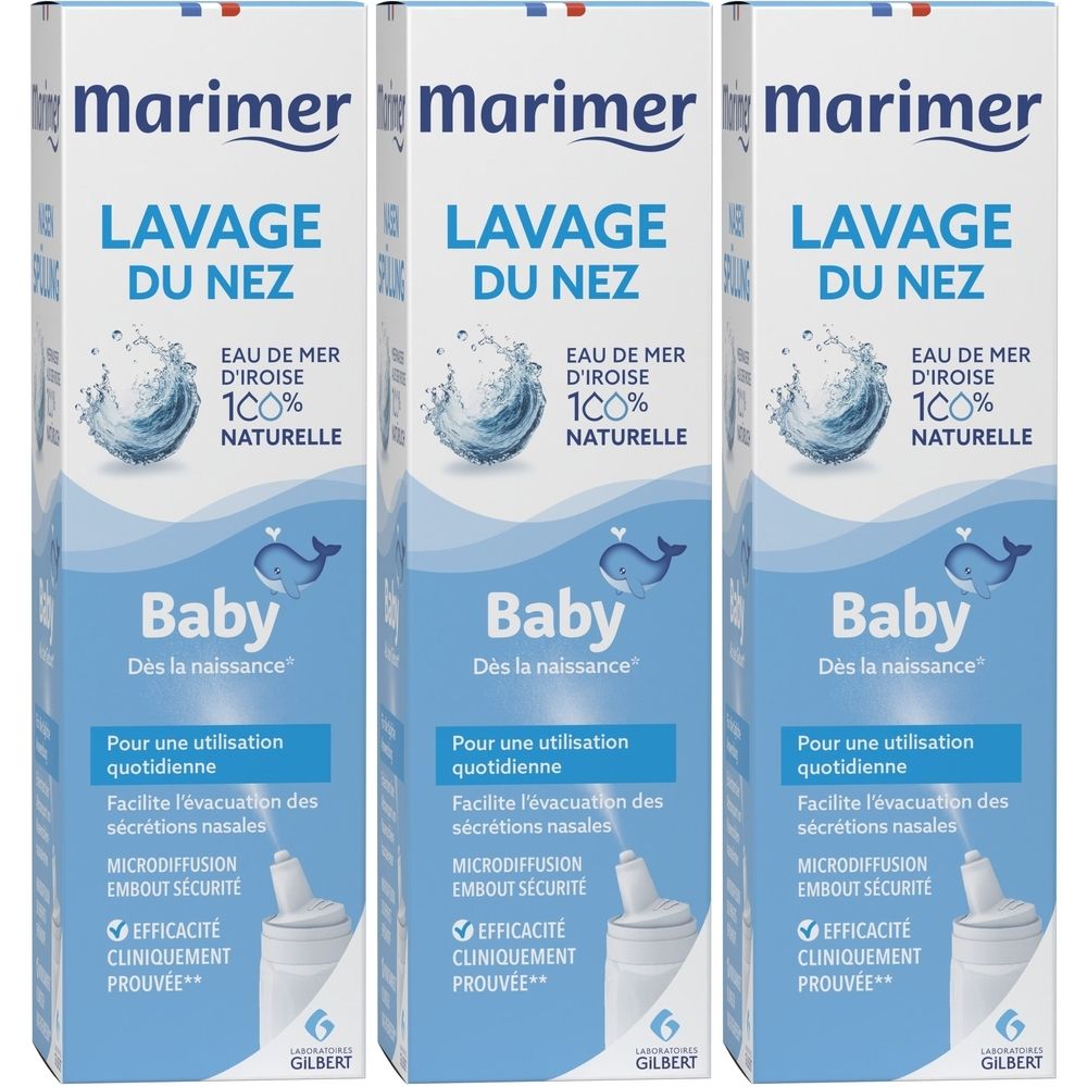 Trois boîtes Marimer Bébé. Emballage bleu avec nom du produit et baleine. Contient un flacon pulvérisateur.