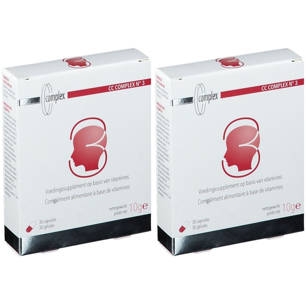 Twee witte dozen met rode afbeeldingen en tekst. Opschrift: CC COMPLEX N°3. Bevat 30 capsules. Nettogewicht: 10g. Voedingssupplement op basis van vitaminen.