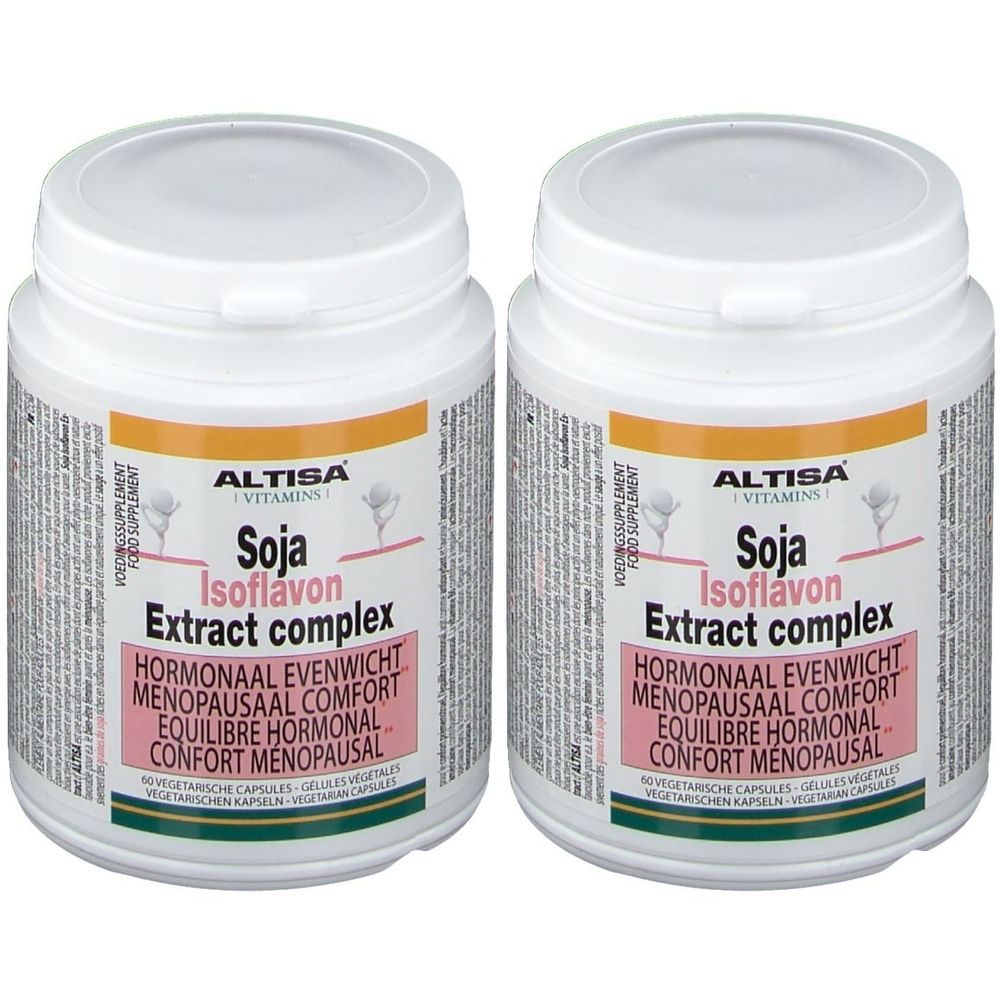 Twee witte potten met deksels. Opschrift: Altisa Vitamins, Soja Isoflavon Extract complex. Voor hormonale balans en menopauze.