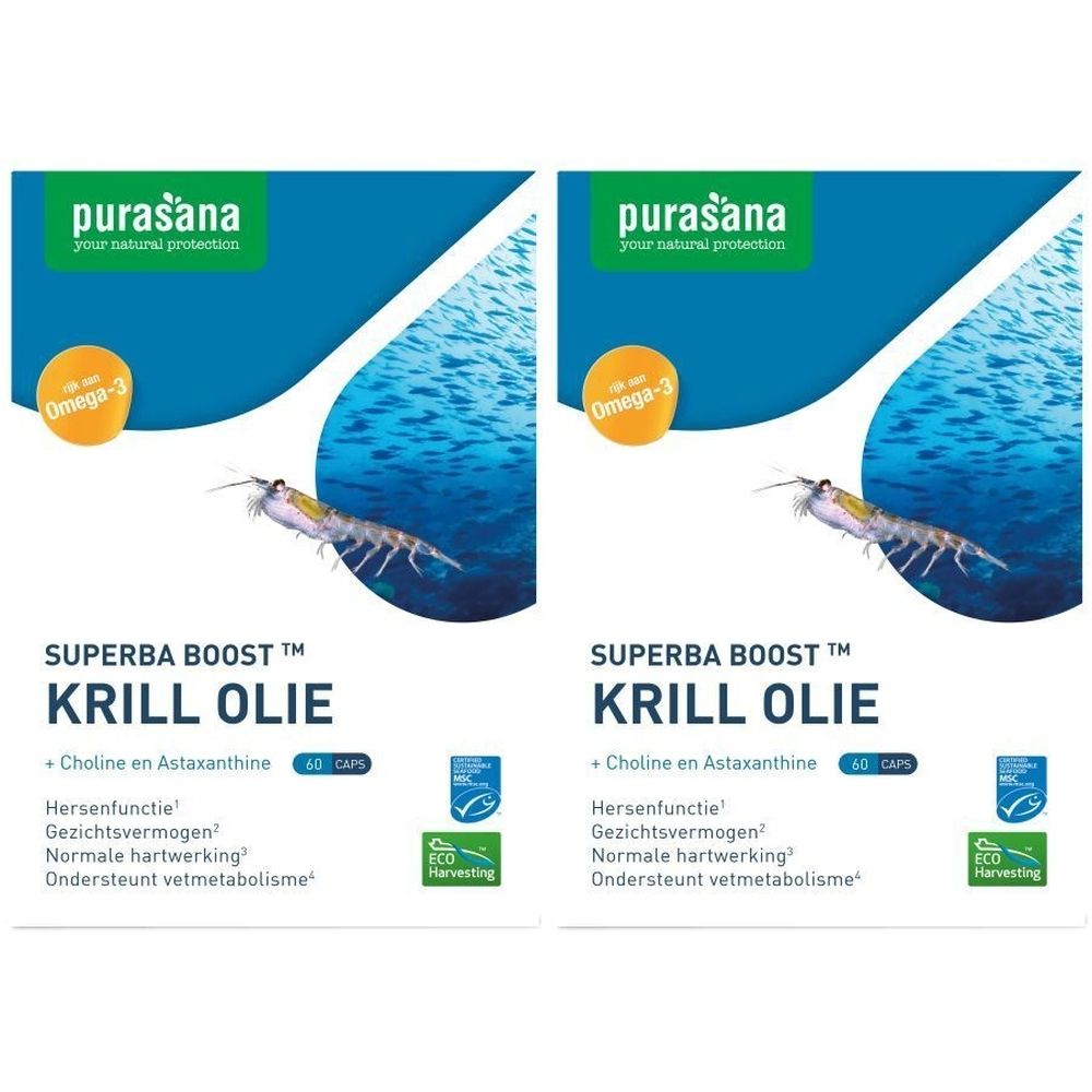 Emballage de Purasana Krill Oil. Design bleu et blanc. Texte: Superba Boost Krill Olie, Omega-3, Eco Harvesting.