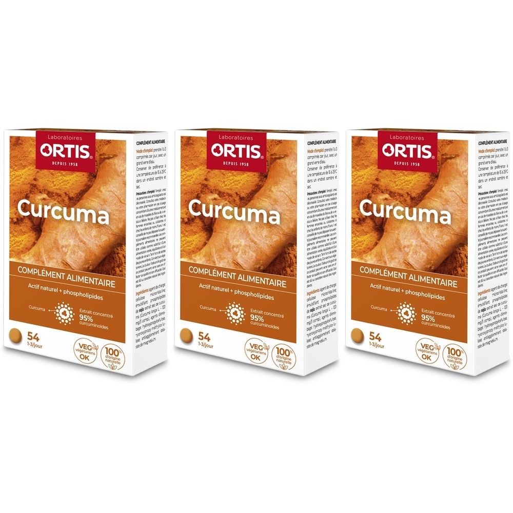 Trois boîtes Ortis® Curcuma. Inscription: Curcuma, COMPLEMENT ALIMENTAIRE. 54 gélules. Veg 100.