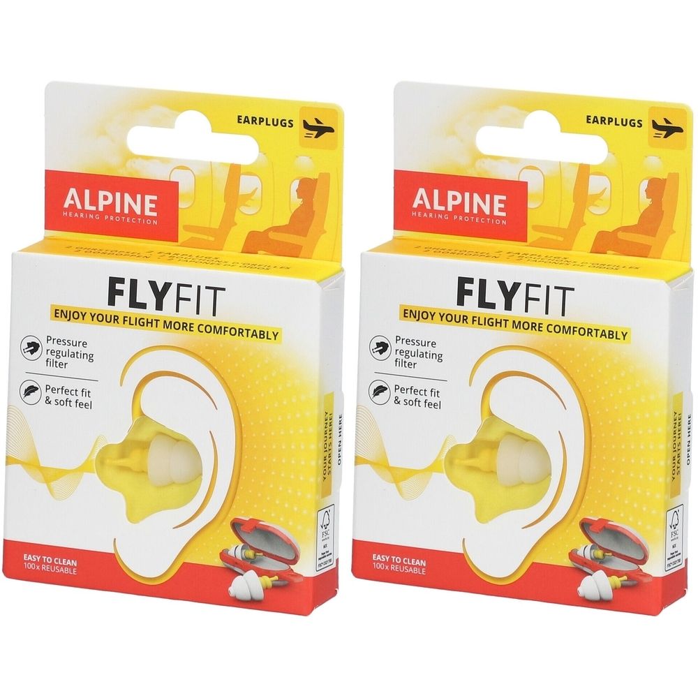 Deux boîtes de bouchons d'oreille Alpine FlyFit. Bouchons jaune et blanc dans des boîtes avec nom et caractéristiques du produit. Pour les vols.