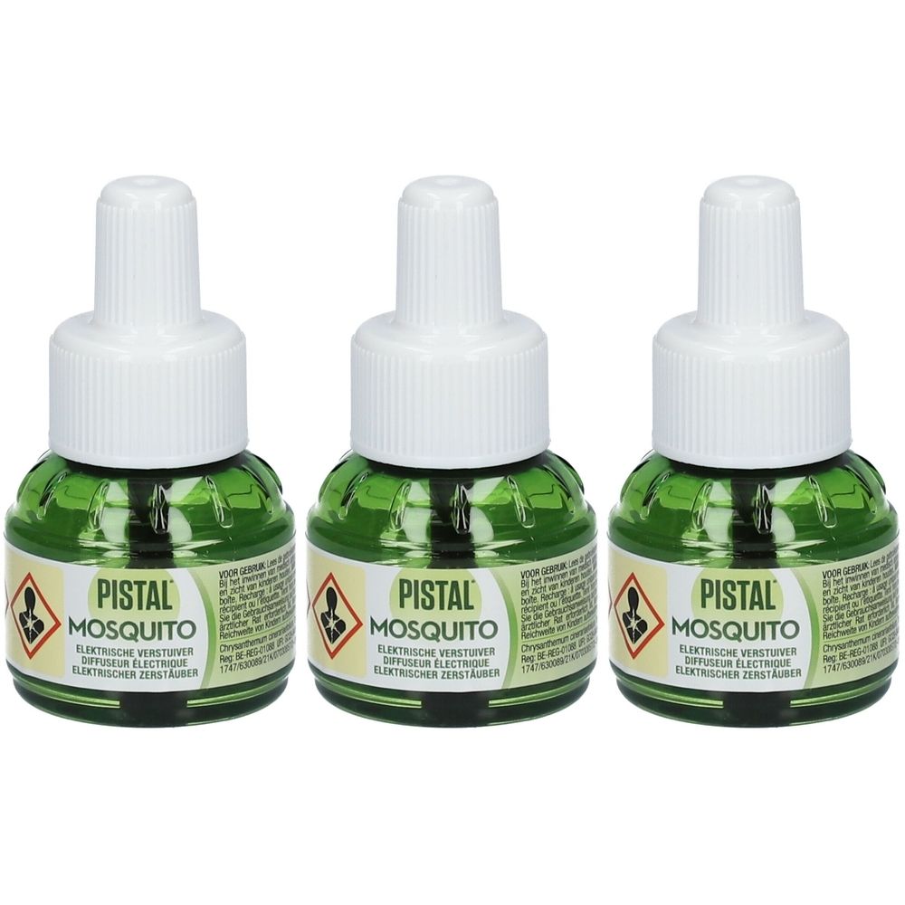 Drie groene flacons met witte dop. Opschrift: PISTAL MOSQUITO. Waarschuwingssymbool.