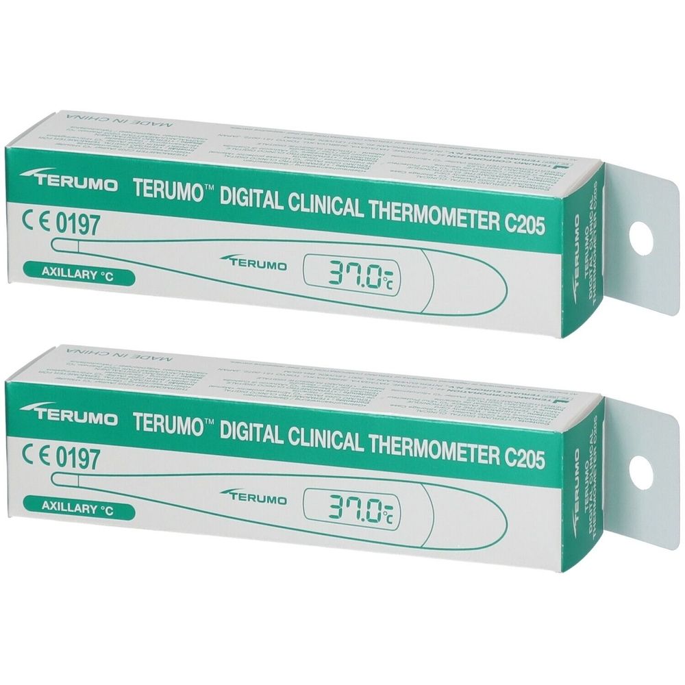 Twee groene dozen met digitale thermometer. Opschriften: TERUMO, DIGITAL CLINICAL THERMOMETER C205, CE 0197, 37.0°C. Voor oksel.