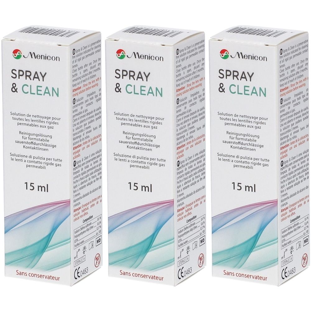 Drie witte dozen met de opdruk Menicon Spray & Clean. Opschrift: 15 ml. Verschillende talen staan op de dozen.