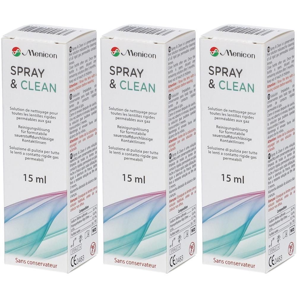 Drie Menicon Spray & Clean verpakkingen. Witte dozen met productnaam en 15 ml indicatie. Logo linksboven.