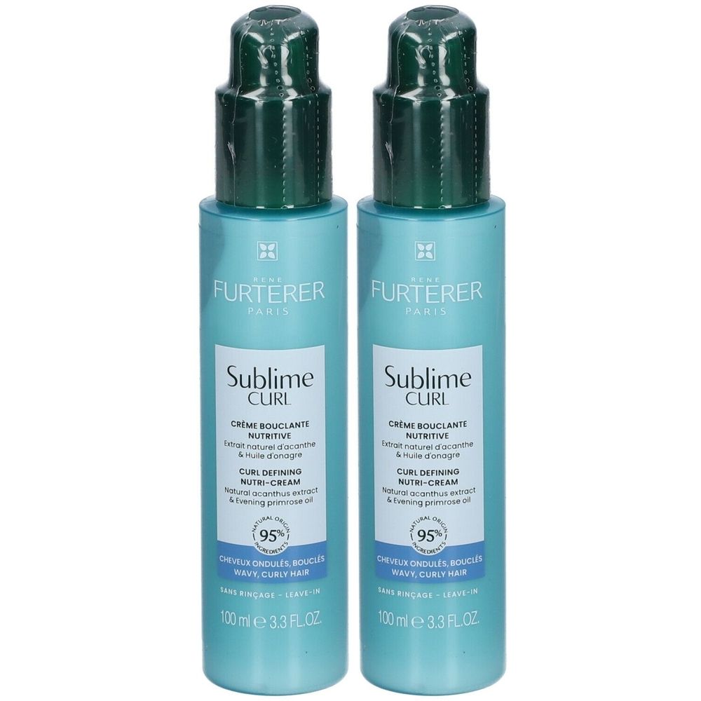 Deux flacons de crème René Furterer Sublime Curl. Flacons bleu clair avec bouchons verts. Texte: Sublime Curl, Crème Bouclante Nutritive.