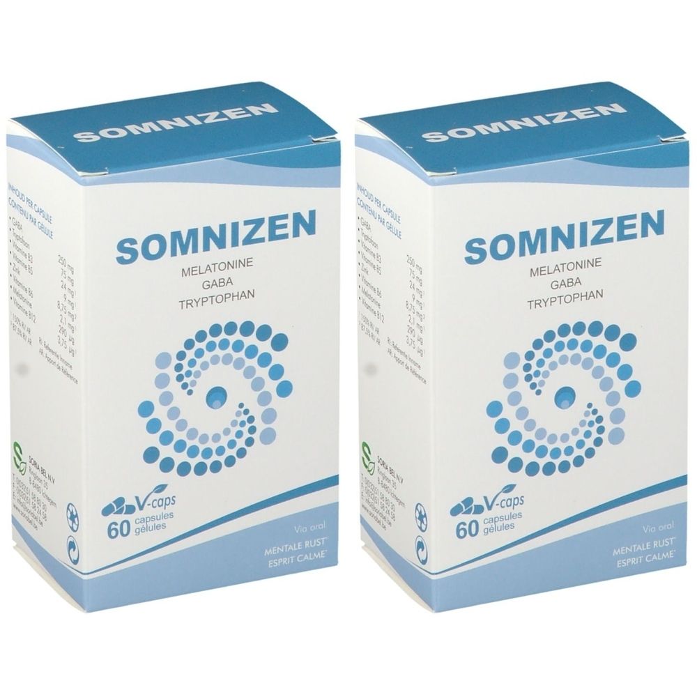Twee witte dozen met de tekst SOMNIZEN, melatonine, GABA, tryptofaan. Elke doos bevat 60 capsules.
