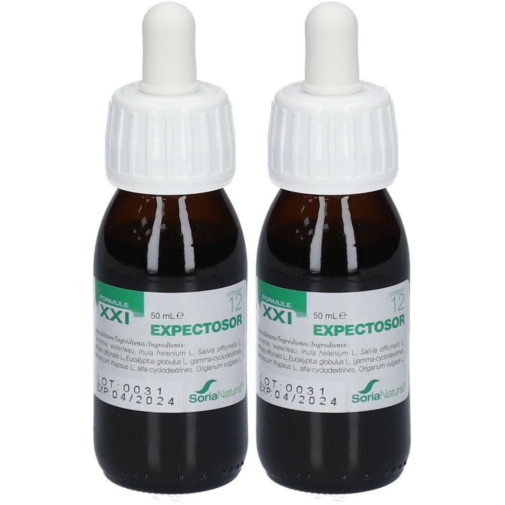 Twee bruine glazen flessen met pipet. Opschrift: Expectosor XXI, 50 ml, Soria Natural.