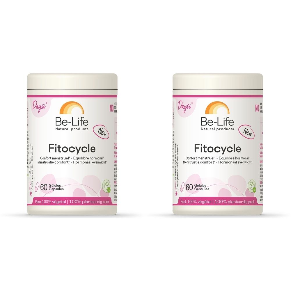 Twee cilindrische potten Fitocycle. Merk Be-Life, Natural products. Bevat 60 capsules. Roze en wit design.