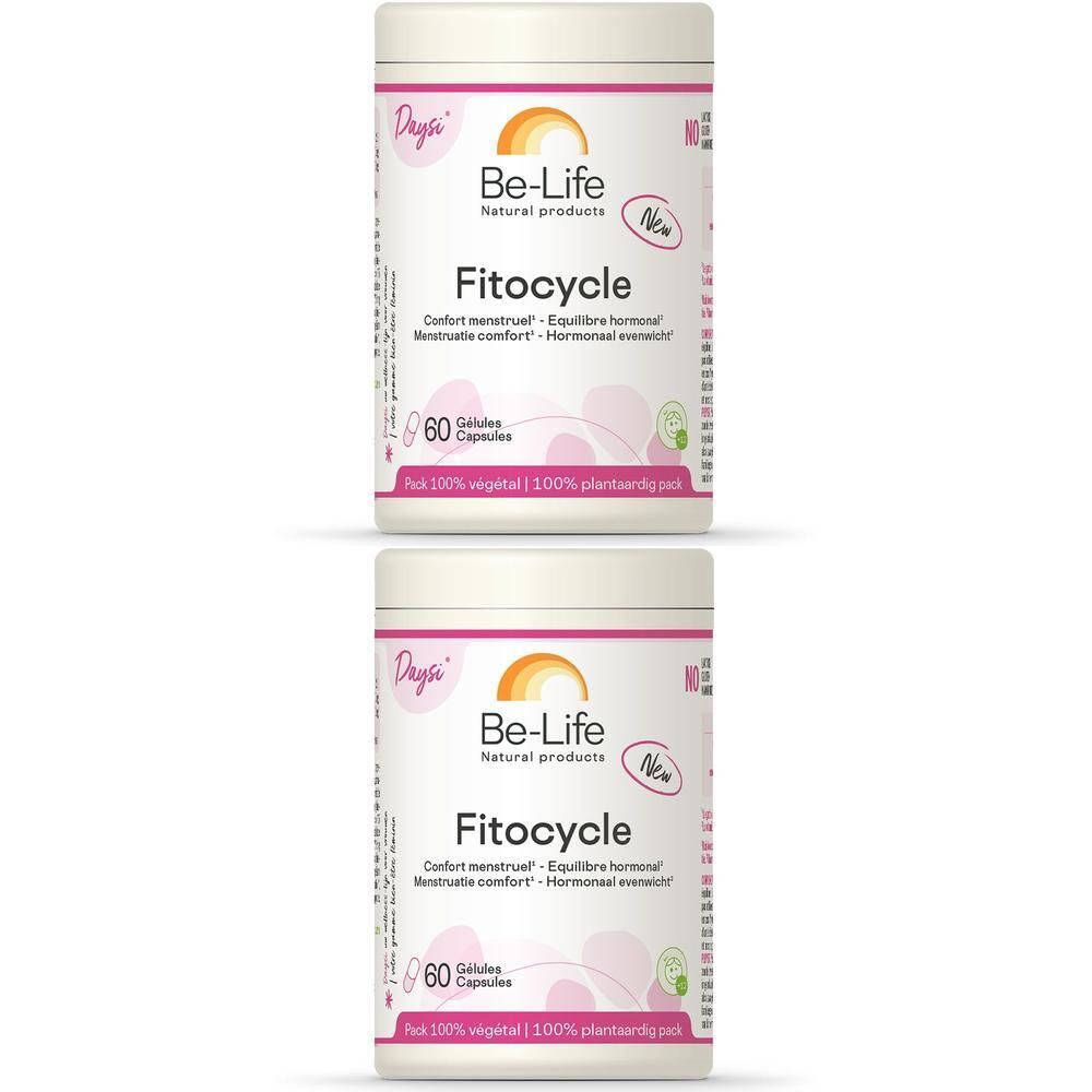 Twee potten Be-Life Fitocycle. Witte containers met roze etiketten. Opschrift: Fitocycle, 60 capsules. Logo: Be-Life Natural products.