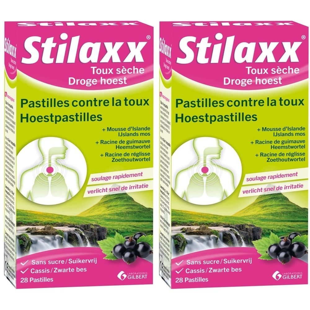 Deux boîtes de Stilaxx Pastilles contre la toux. Design rose et blanc avec nom du produit et ingrédients. 28 pastilles par boîte.