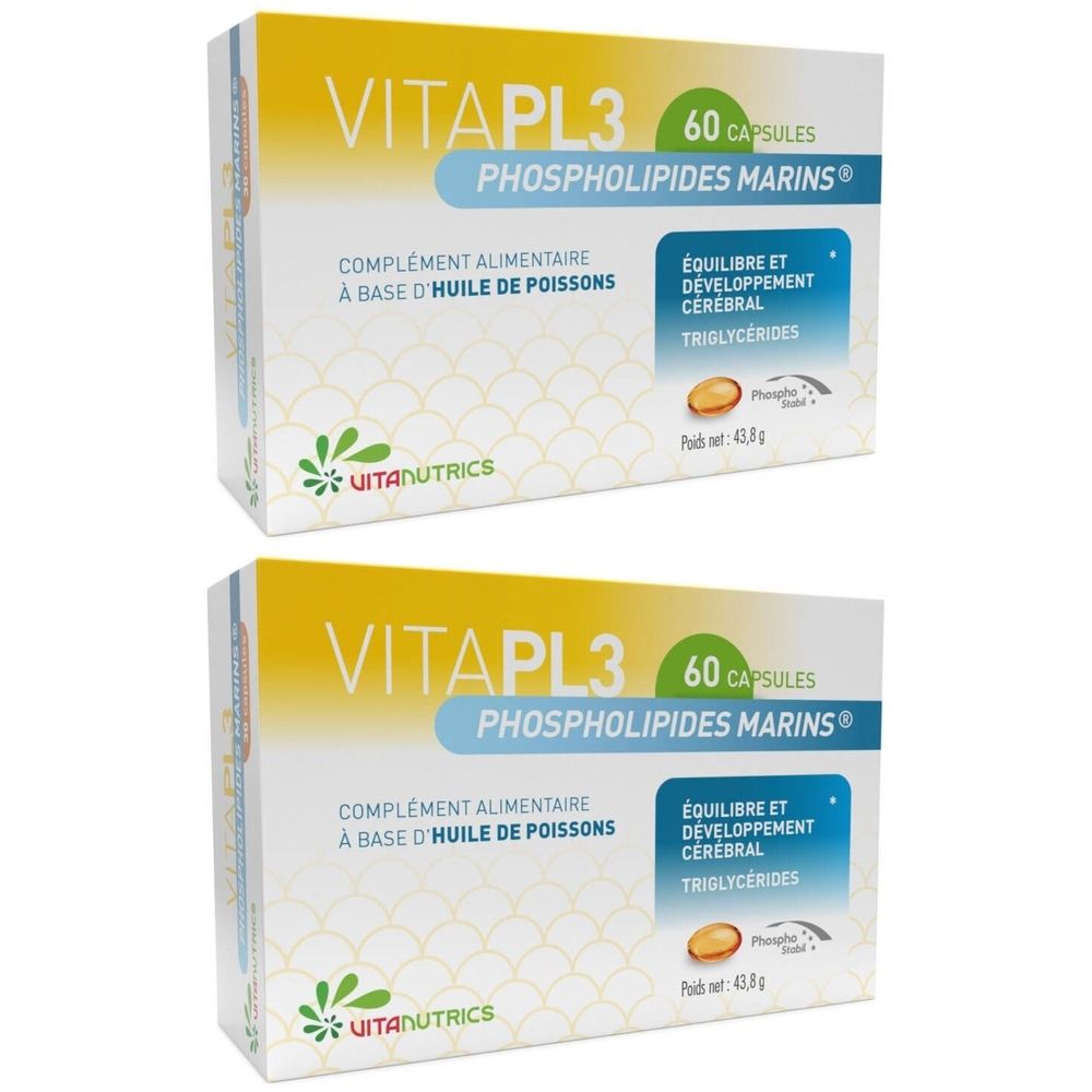 Twee dozen Vitanutrics Vita-PL3. Opschrift: 60 capsules, Phospholipides Marins. Voedingssupplement op basis van visolie.