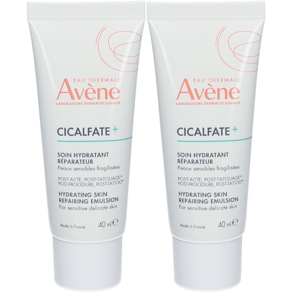 Deux tubes blancs. Inscription: Avène Cicalfate+ Soin hydratant réparateur, 40 ml. Pour peaux sensibles fragilisées.