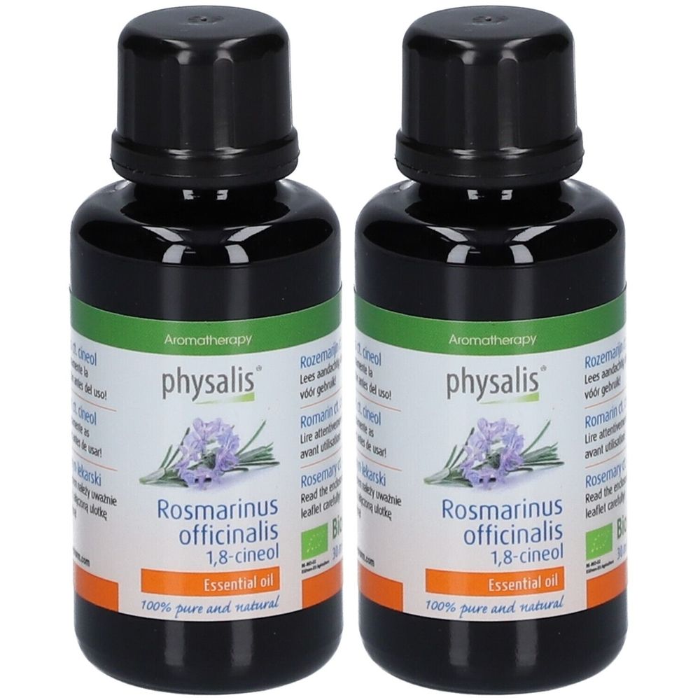 Deux flacons avec bouchon noir. L'étiquette indique "physalis", "Rosmarinus officinalis 1,8-cineol" et "Essential oil".