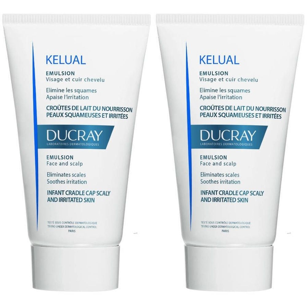 Deux tubes de Kelual Emulsion. Inscription: Ducray, Emulsion, visage et cuir chevelu, élimine les squames, apaise l'irritation.