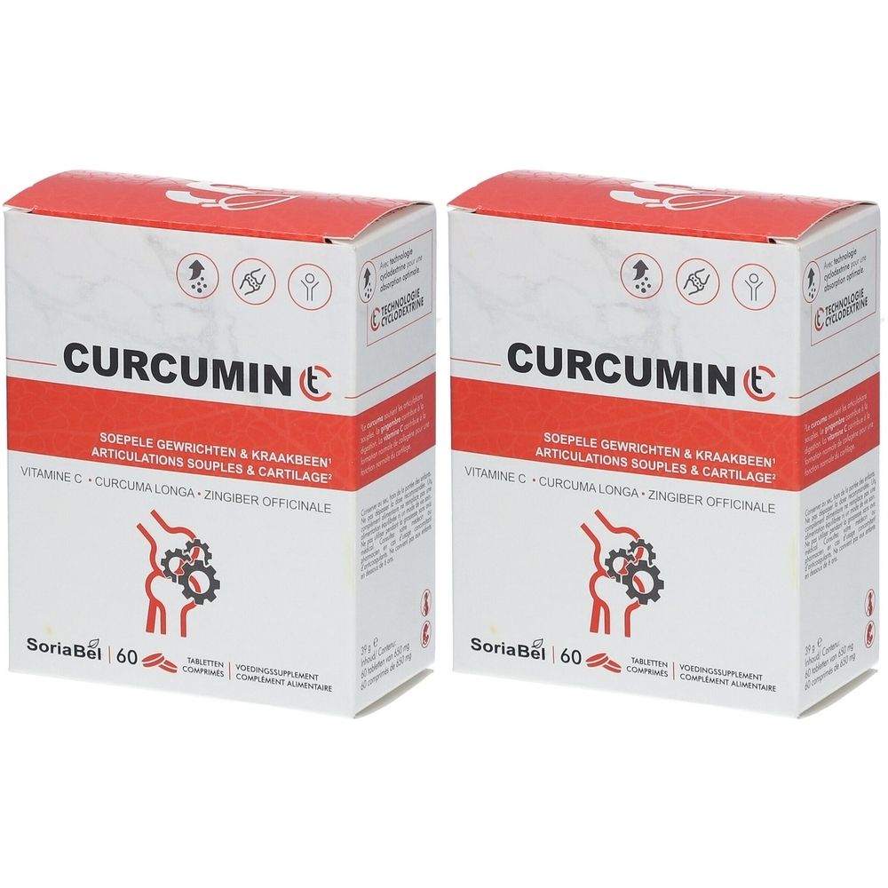 Twee rechthoekige dozen met rode bovenkant. Opschrift: CURCUMIN C, SoriaBel, 60 tabletten. Tekst in het Duits, Frans en Nederlands.
