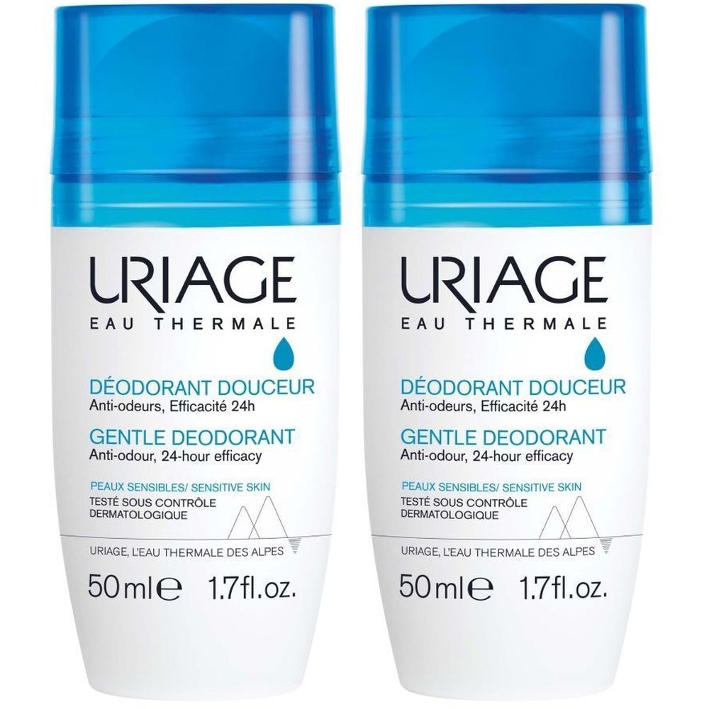 Twee Uriage deodorantrollers. Wit etiket met blauwe dop. Tekst: DÉODORANT DOUCEUR, 24u effectief. 50ml.