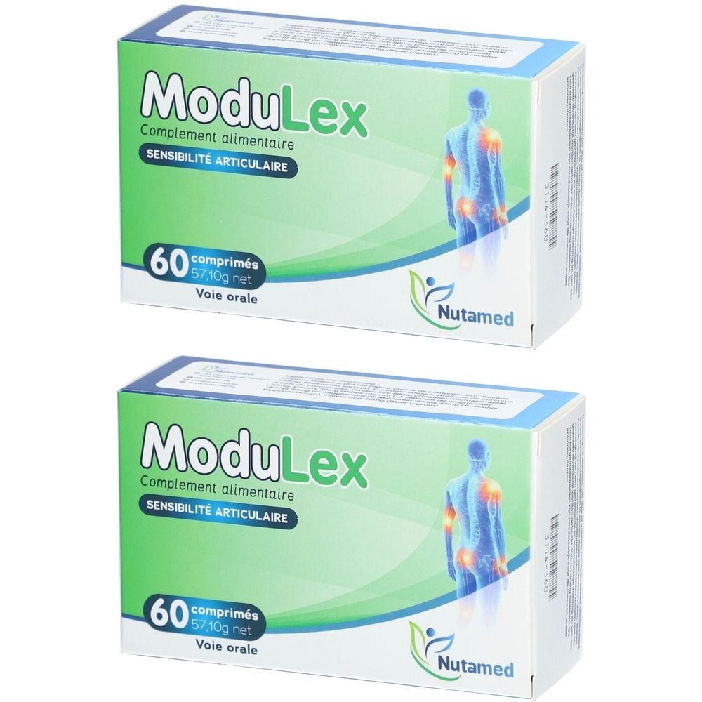 Twee dozen ModuLex. Opschrift: Voedingssupplement, 60 tabletten. Merk Nutamed. Illustratie van een menselijk skelet.